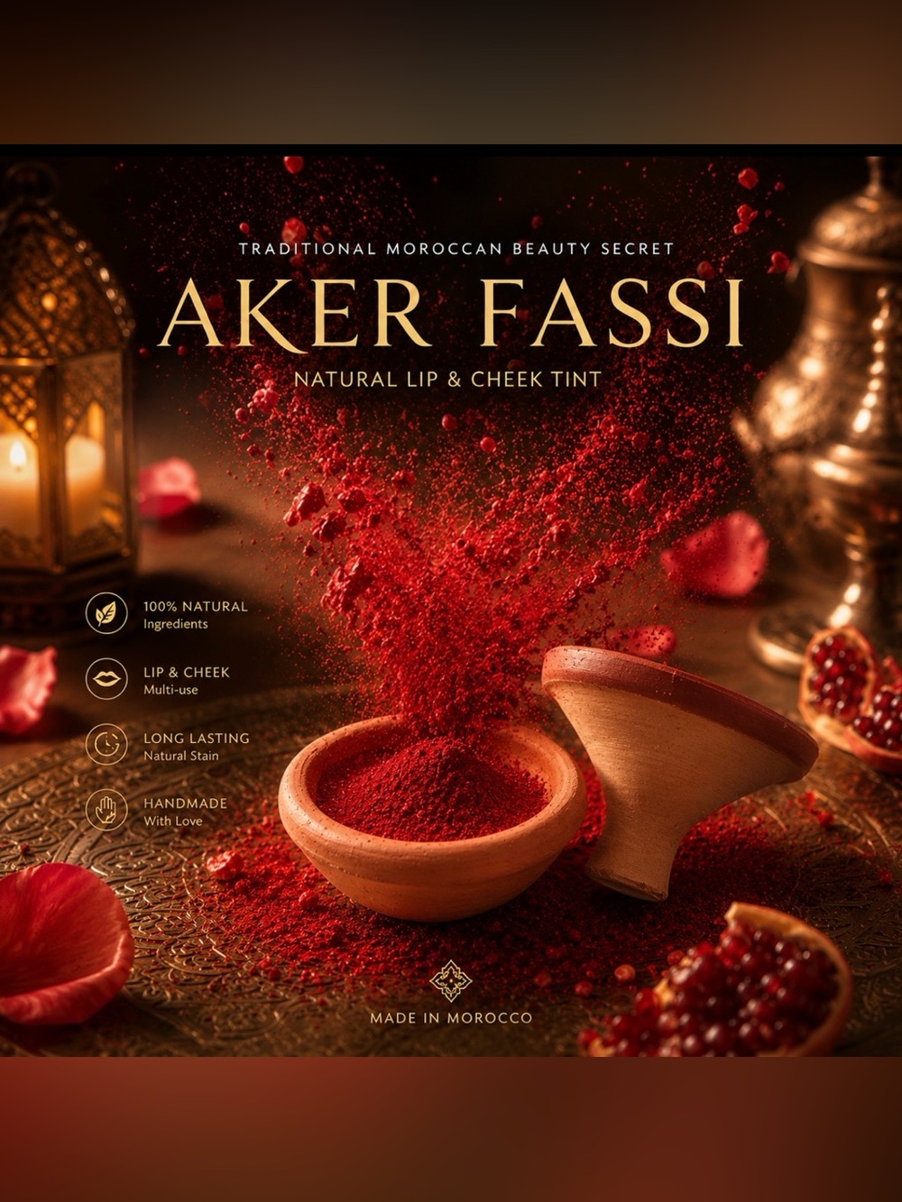 Luxury Moroccan Aker Fassi Lip Stain & Blush Handmade Natural Red Tint Clay Pot.